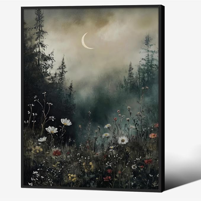 Dark Flower Field Poster Vintage Moody Academia Wall Art 12X16 inch Black by rumlud