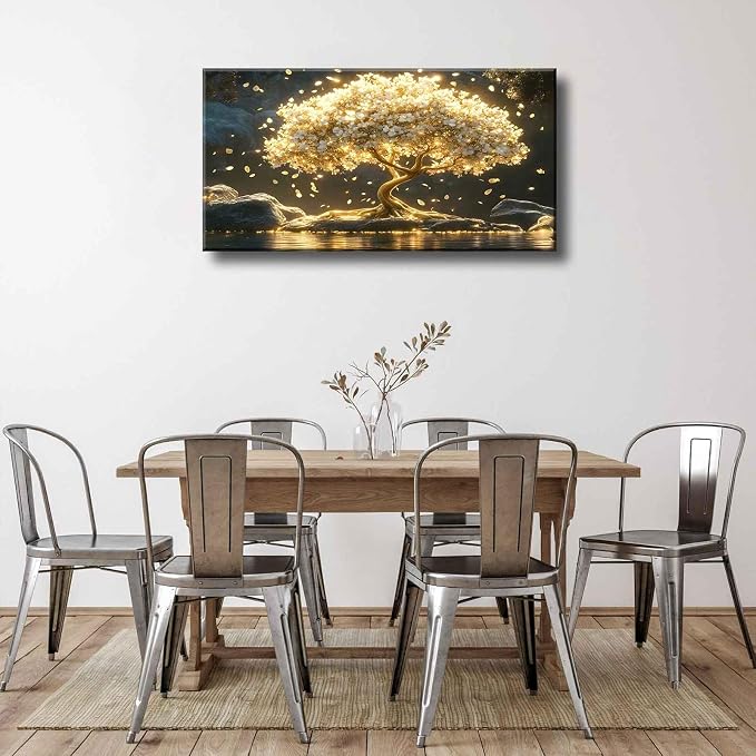 Large Tree of Life Canvas Wall Art Abstract Gold Tree Mountain Lake Decor - Image 3