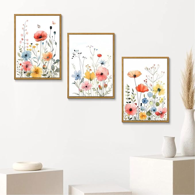 KISSFOX Colorful Wildflower Canvas Wall Art Set Of 3 Flowers Pictures Prints - Image 4