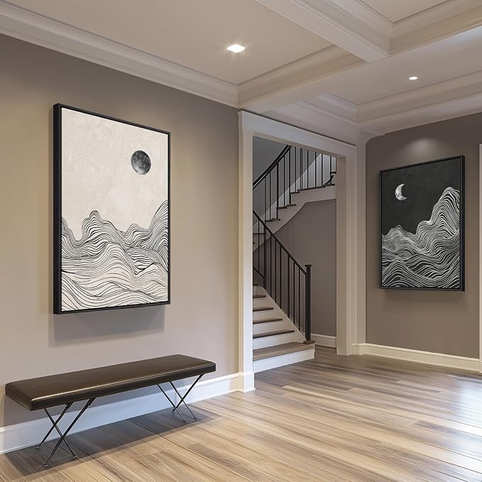Large Framed Black and White Abstract Wall Art, Abstract Mountain and Moon - Image 5