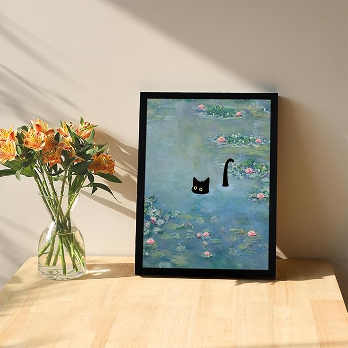 Fantasy Artists Monet Water Lilies Cat Wall Art, Framed Vintage Canvas Art Wall - Image 2