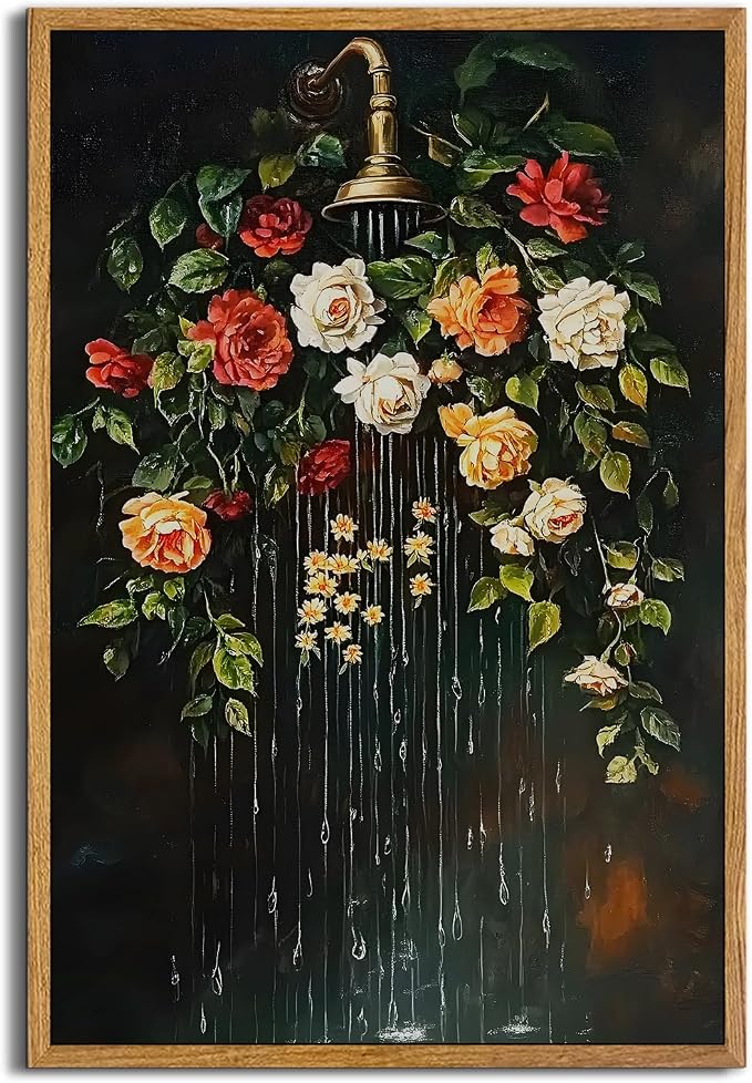 AtterrirArt Framed Vintage Bathroom Wall Art, Moody Roses Botanical Canvas by AtterrirArt