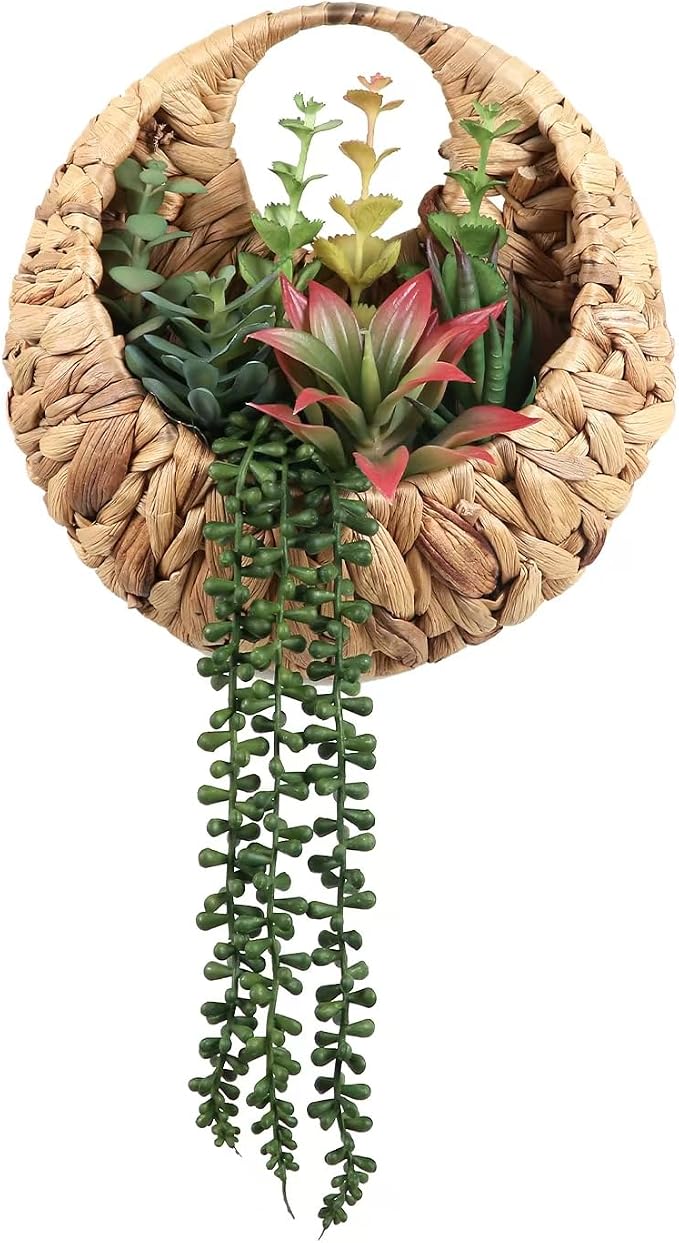 Fake Plants Hanging Artificial Succulents Plants in Woven Basket, Faux String by Unknown