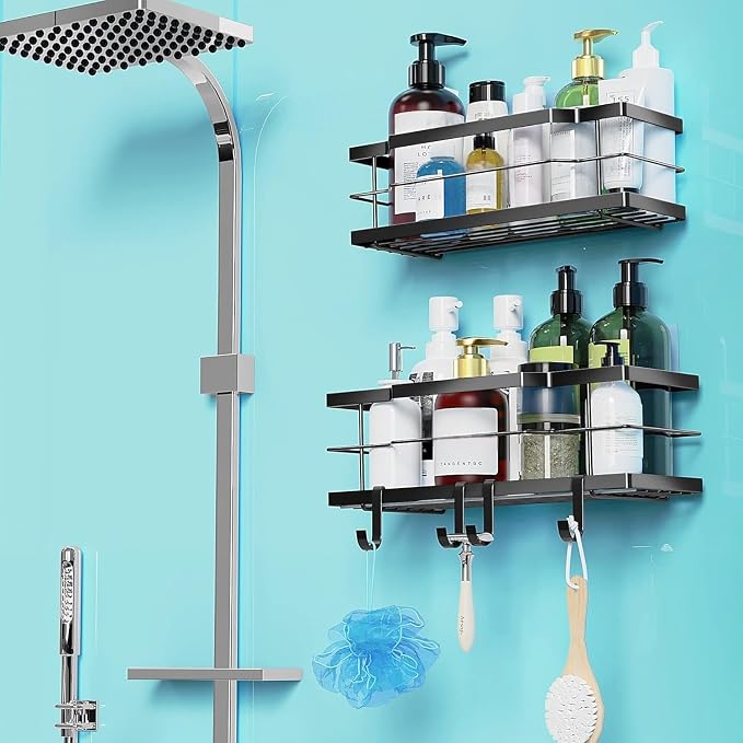 Moforoco Shower Caddy Shelf Organizer Rack, Self Adhesive Black Bathroom - Image 7