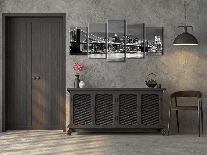 Wieco Art New York Brooklyn Bridge Canvas Wall Art Night View 5 Panels Modern - Image 4