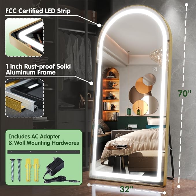 FENNIO Full Length Mirror with Lights, Free Standing Lighted Floor Mirror - Image 3