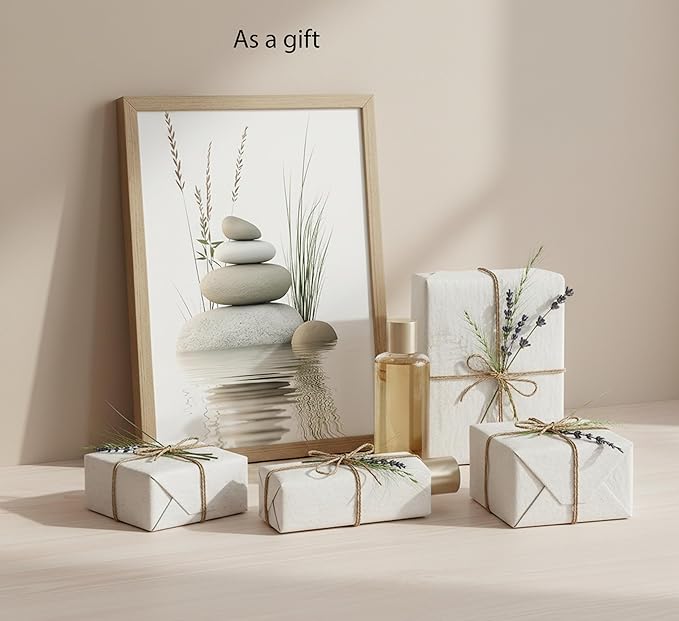 Wooden Frame Zen Stone Canvas Wall Art, Stacked Stones in Water Poster Print. - Image 6