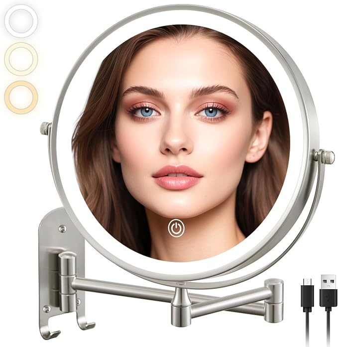 ALHAKIN 9" Wall Mounted Lighted Makeup Mirror, Rechargeable 1X/15X Magnifying by ALHAKIN