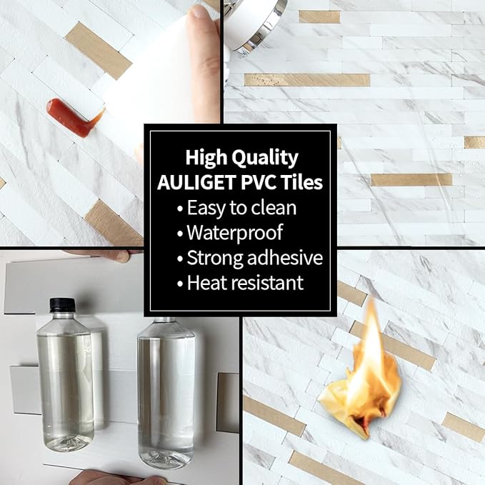 AULIGET 2 Sheets Faux Stone White Marble Peel and Stick Backsplash, PVC Mixed - Image 5