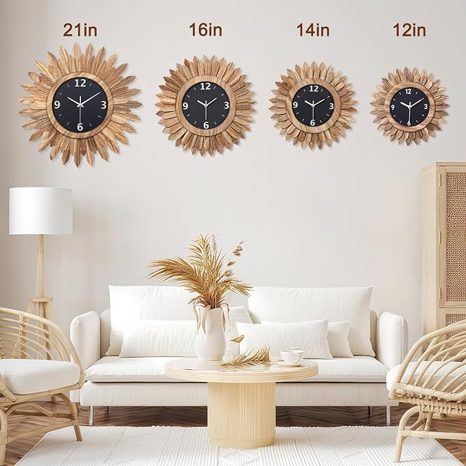 Honiway 16 Inch Wall Clocks, Rustic Wood Boho Sunburst Decorative Wall Clock - Image 2