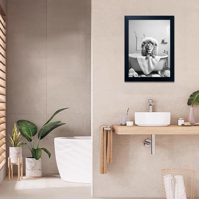 Framed Black and White Lion Wall Art Bathroom Pictures Wall Decor Funny - Image 8