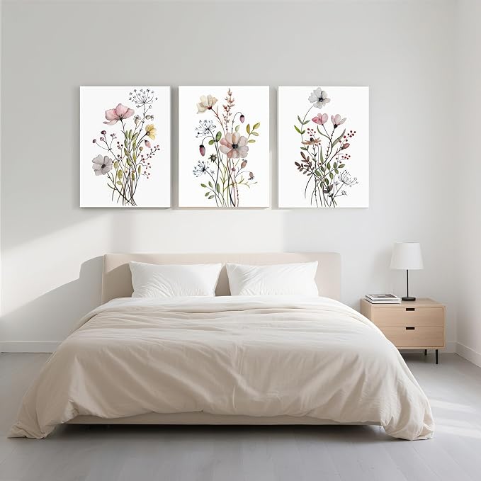 WRFON UnFramed Botanical Canvas Wall Art Set of 3, Watercolor Floral Prints - Image 4