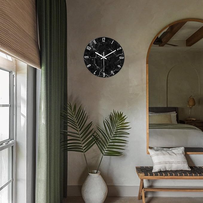 Black Minimalist Wall Clocks for Living Room Glass Marble Pattern Wall Clocks - Image 3