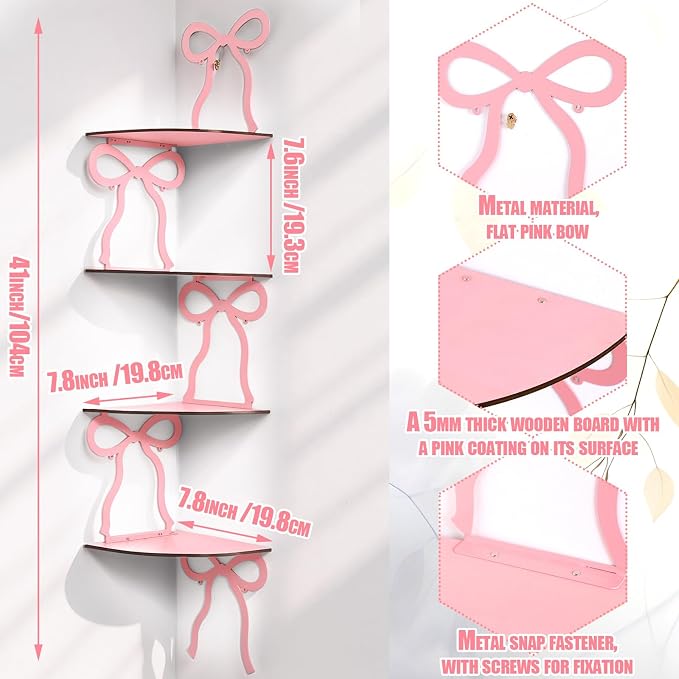 Kathfly 4 Tie Pink Bow Corner Shelf Wall Mounted Pink Floating Wood Corner - Image 3