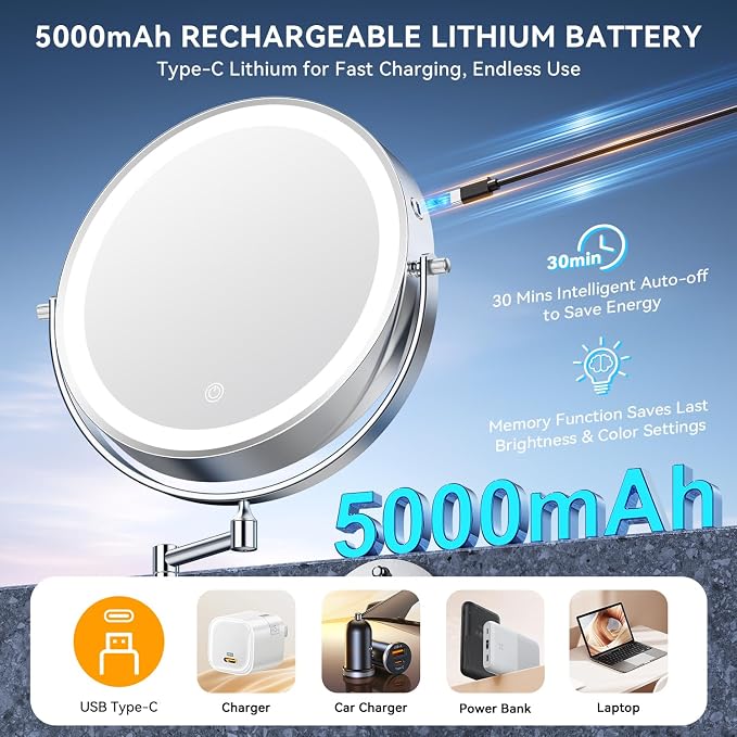 10'' 30X/1X Wall Mounted Lighted Makeup Mirror, 5000mAh Rechargeable - Image 3