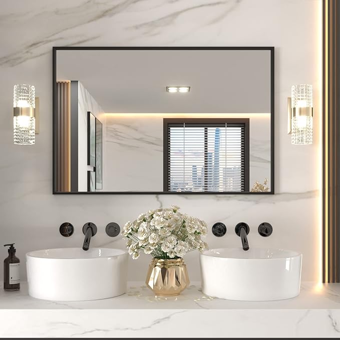 LOAAO 48"X32" Black Rectangle Bathroom Mirror Wall, Matte Black Aluminum Alloy by LOAAO