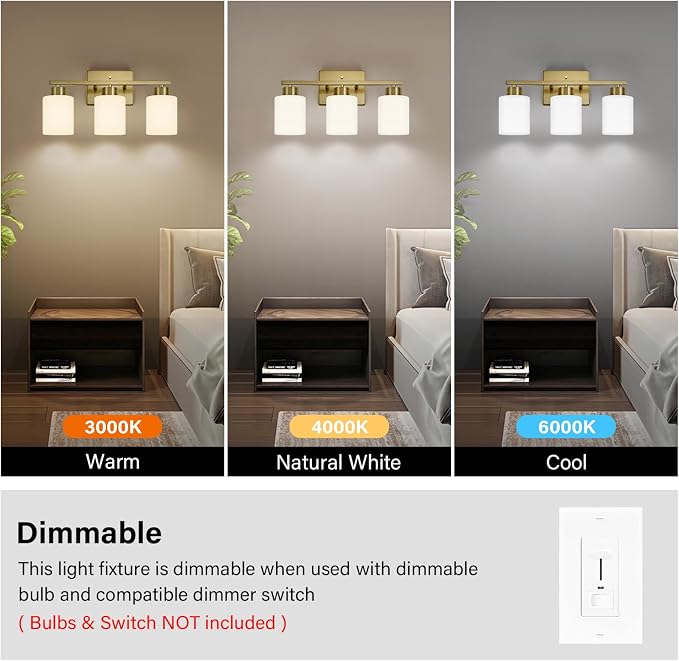 FonmYim Brushed Gold Bathroom Light Fixtures, 3-Light Modern Vanity Light Over - Image 7
