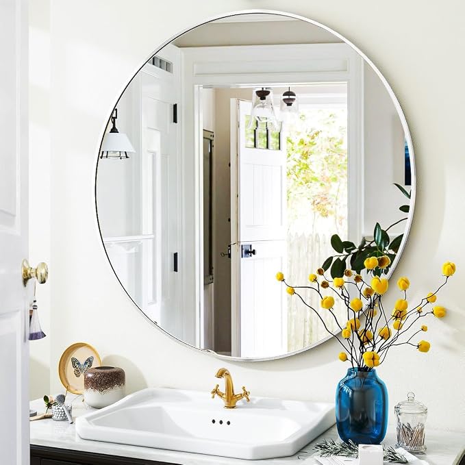 VooBang Silver Round Bathroom Mirror, 24 inch Circle Wall Mounted Hanging Mirror by VooBang