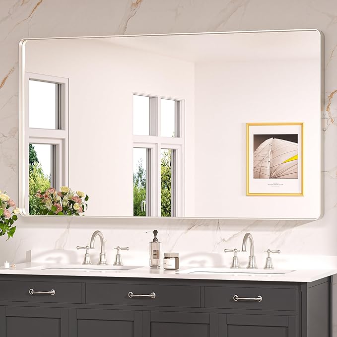 Keonjinn Brushed Nickel Mirror 60 x 36 Inch Large Silver Bathroom Mirror by Keonjinn