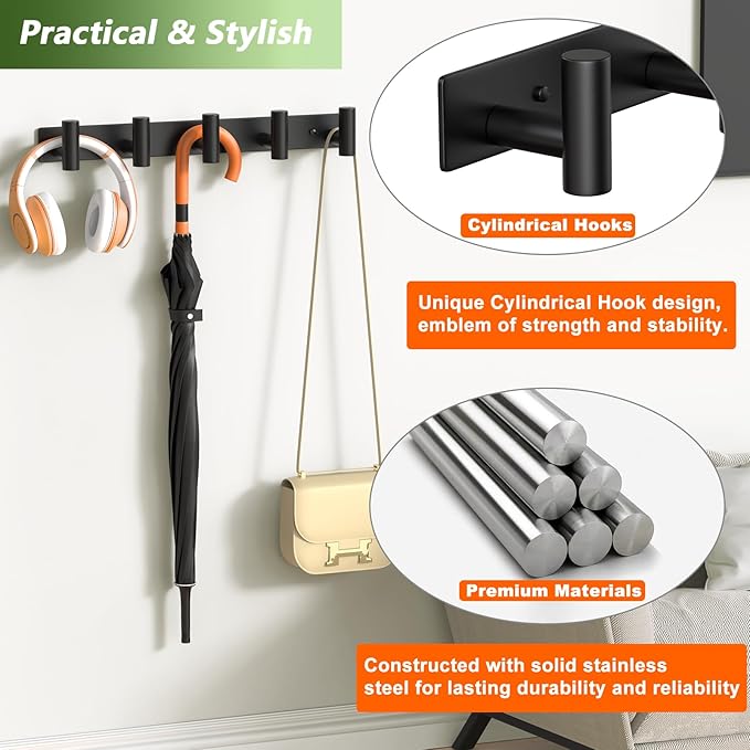 Wall Mounted Coat Rack-5 Hooks, Heavy Duty Stainless Steel Hook Rail - Image 3