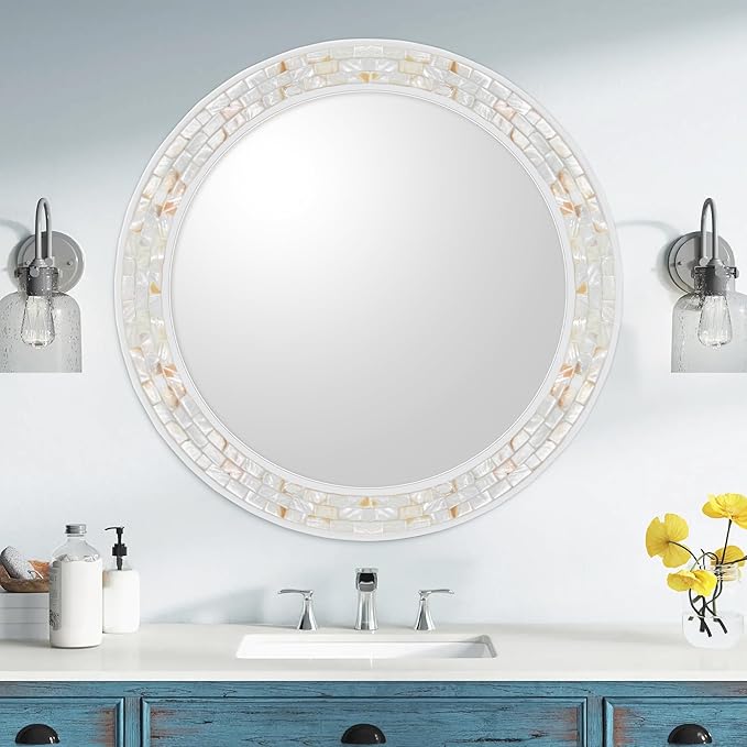 Large Round Mirror 36 Inch, Natural Mother of Pearl Inlay Mosaic Frame Circle - Image 2