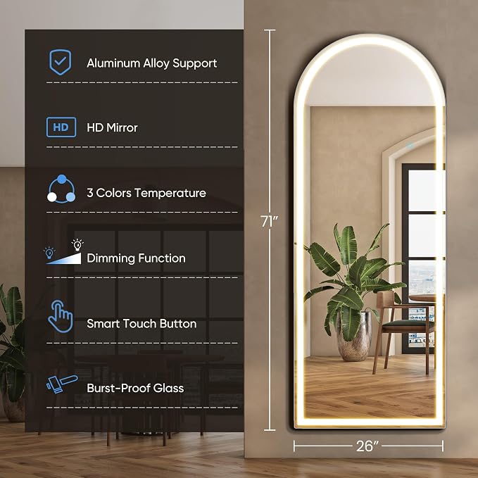 DUMOS Arched LED Full Length Floor Mirror, 3 Color Lighting, Hanging or Leaning - Image 2