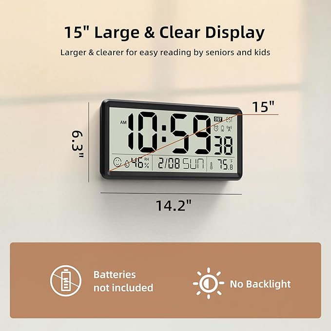 EASYERA 15'' Large Digital Wall Clock Battery Operated, Atomic Clock - Image 2
