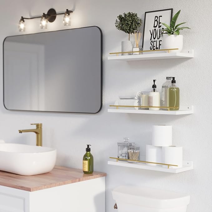 WOPITUES Floating Shelves with Gold Metal Guardrail, Shelves - Image 2