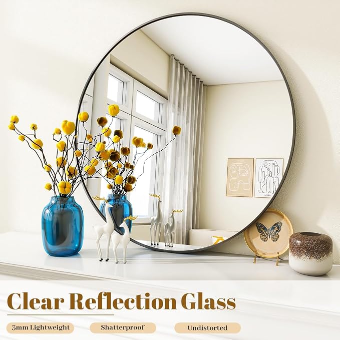 VooBang Black Round Bathroom Mirror, 24 inch Circle Wall Mounted Hanging Mirror - Image 3