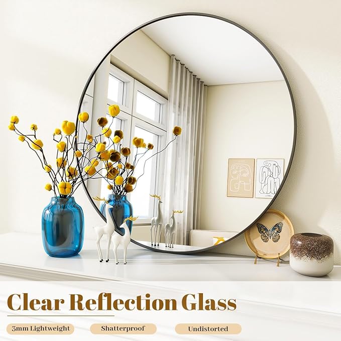 VooBang Black Round Bathroom Mirror, 30 inch Circle Wall Mounted Hanging Mirror - Image 4