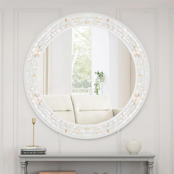 Large Round Mirror 36 Inch, Natural Mother of Pearl Inlay Mosaic Frame Circle - Image 6