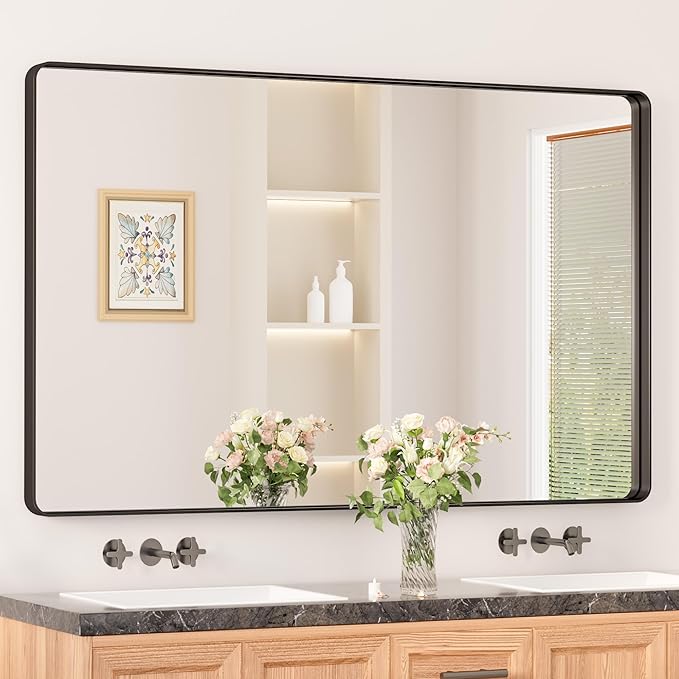 Keonjinn Black Bathroom Mirror for Over Sink, 48 x 30 Inch Rounded Rectangle by Keonjinn