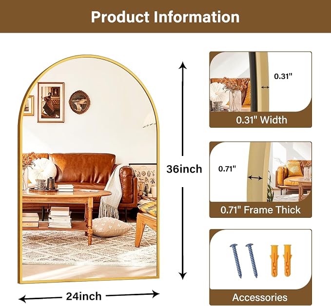 XRAMFY 24"x36" Gold Arched Bathroom Mirror - Image 6