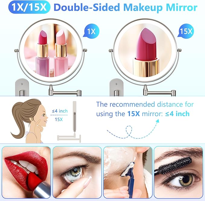 ALHAKIN 9" Wall Mounted Lighted Makeup Mirror, Rechargeable 1X/15X Magnifying - Image 4