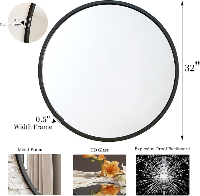 G-LEAF Black Round Mirror 32 inch Circle Mirror - Image 5