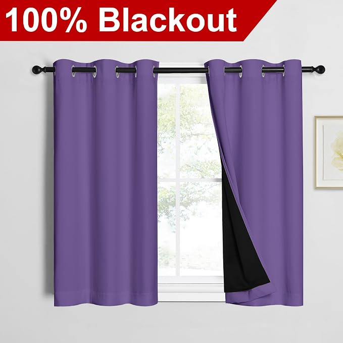 NICETOWN Lilac Purple 100% Blackout Curtains 45 inches Long, Thermal Insulated - Image 2