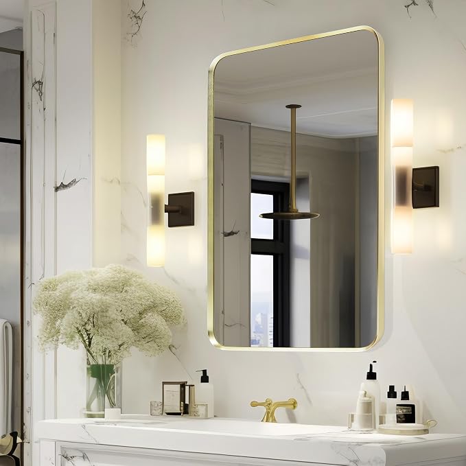 Wall Mount Mirror for Bathroom, Brushed Gold Metal Framed Rounded Corner by Minuover