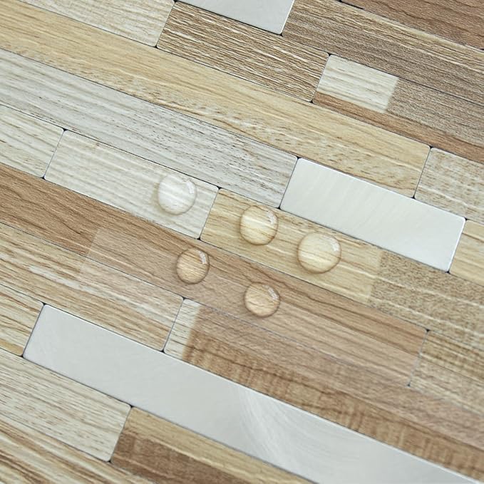 AULIGET 2 Sheets Beige & Brown Wood Peel and Stick Backsplash, PVC Mixed Metal - Image 3
