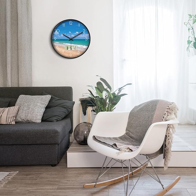 14" Silent Non-Ticking Modern Coastal Beach Wall Clock, Battery Operated Analog - Image 4