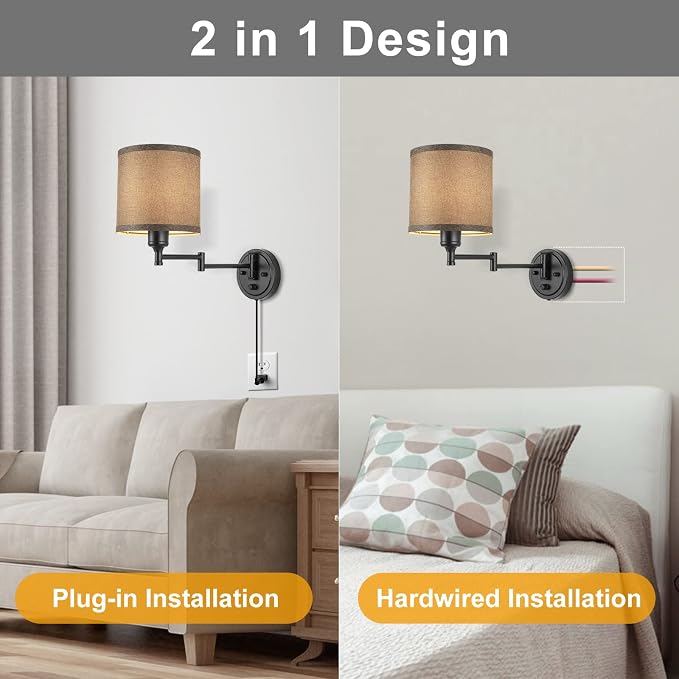 GOODATE Dimmable Plug in Wall Sconces, Swing Arm Wall Lamp, Wall Sconces Set of - Image 8