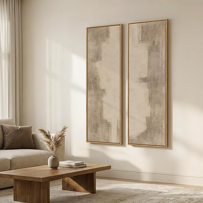 Long Narrow Framed Neutral Abstract Vertical Wall Art Set of 2, Oversized - Image 2