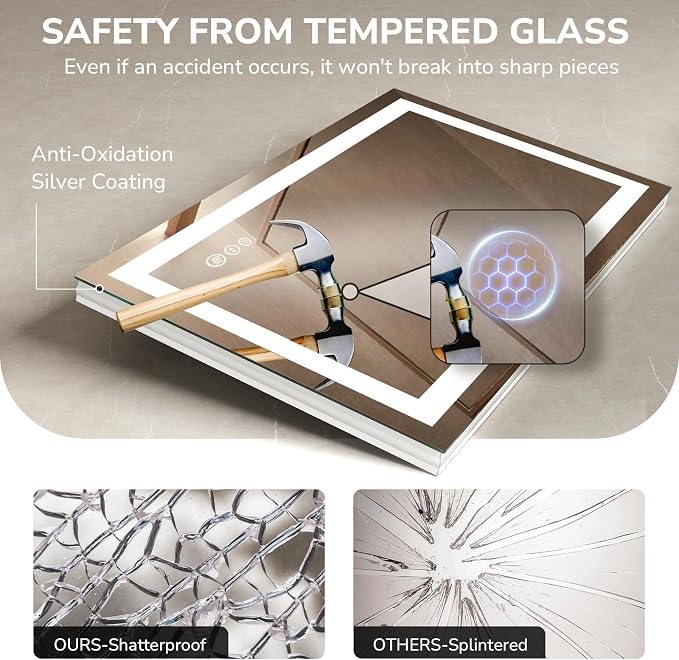 USHOWER LED Bathroom Mirror 40x32 Inch Tempered Glass - Image 6