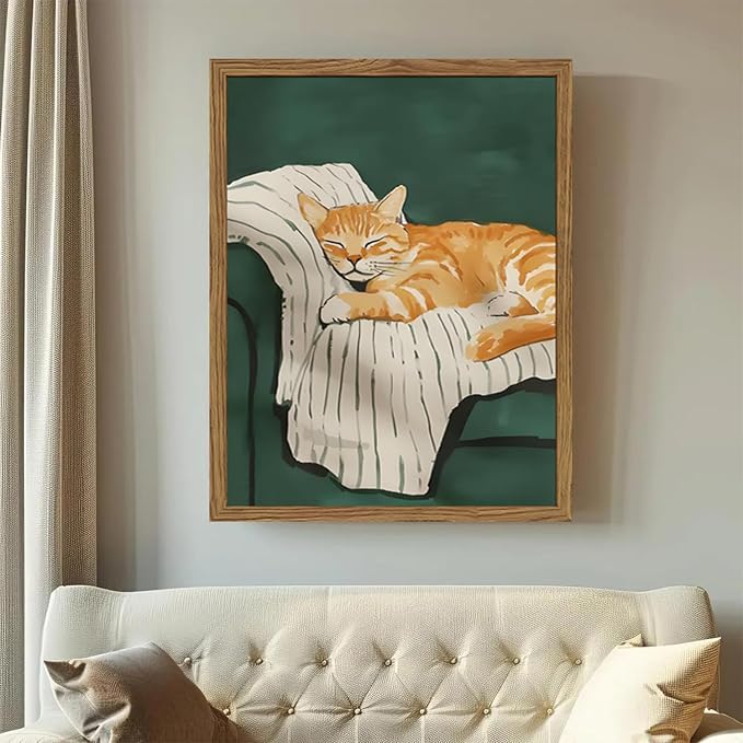 Funny Cat Wall Art Cute Cat Sleeping on Couch Wall Decor Painting Orange Pet - Image 7