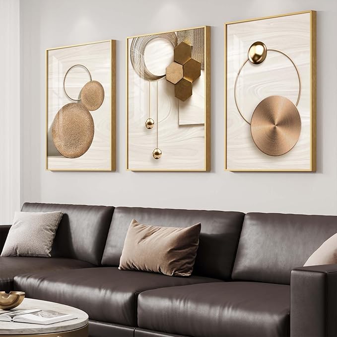 Large Modern Elegant Gold Framed Luxury Wall Art, 3 Piece Bright Glam Art - Image 2