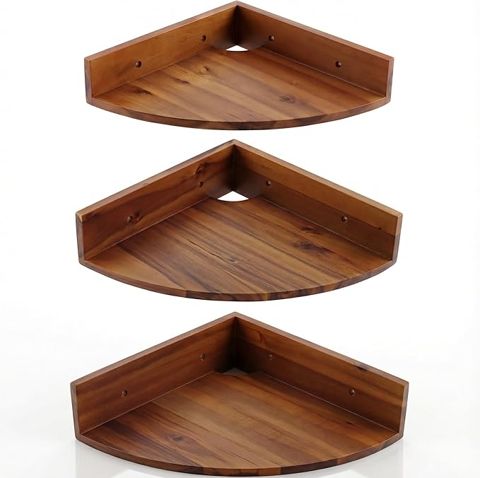 Demigo Corner Shelf Wall Mount Set of 3, Solid Acacia Wood Round Floating by Demigo