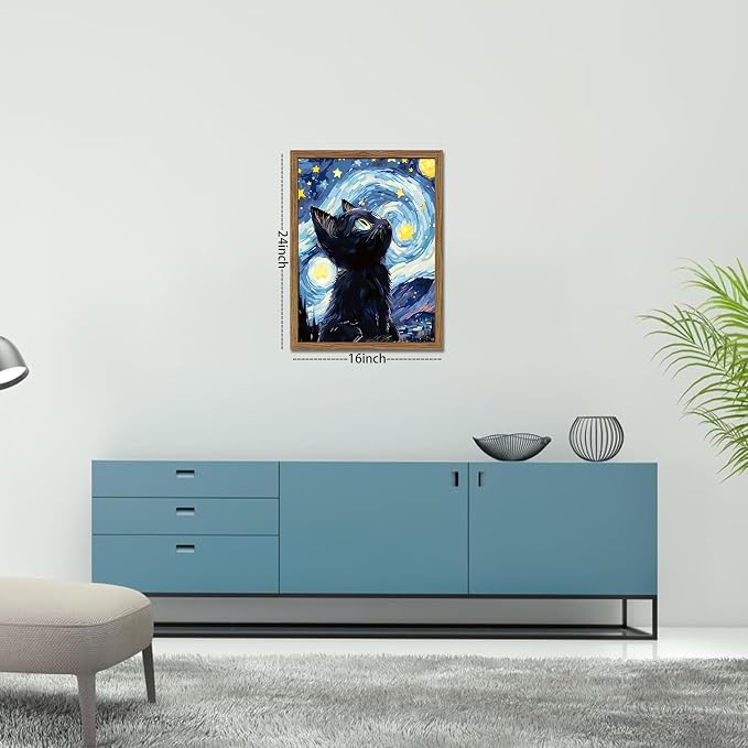 Framed Black Cat Wall Art, Van Gogh Starry Night Canvas Wall Decor, Cute Cat - Image 3