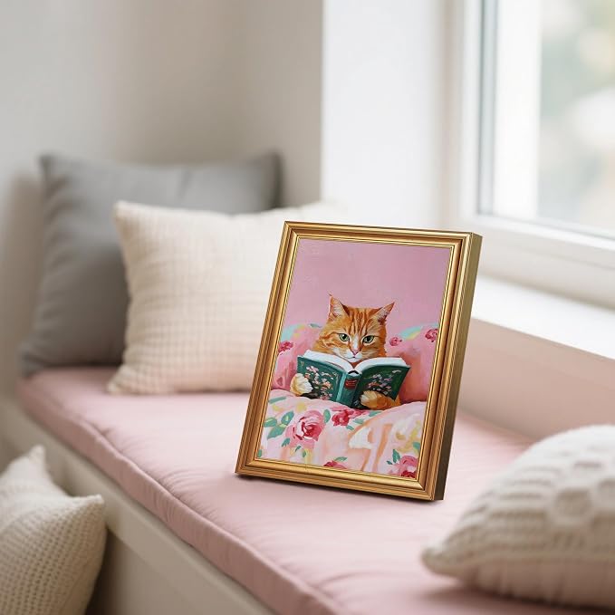 Fantasy Artists Gold Framed Wall Art Prints, Cute Orange Cat Reading a Green - Image 3