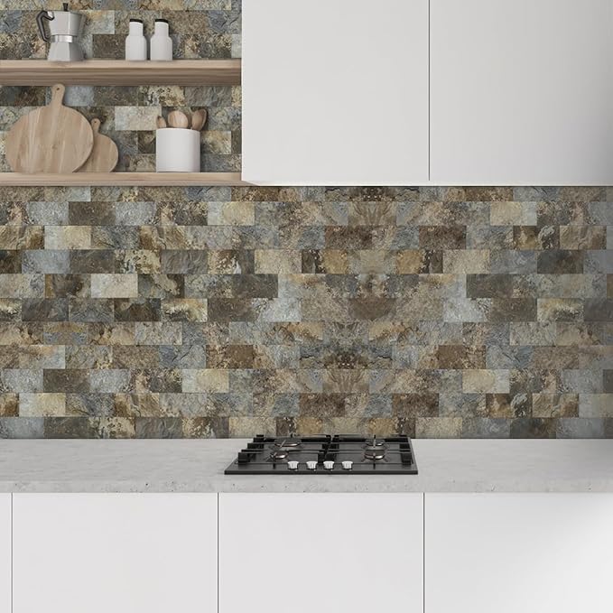 AULIGET 4-Piece Beige & Brown Slate Peel and Stick Backsplash Wall Tiles - Image 2