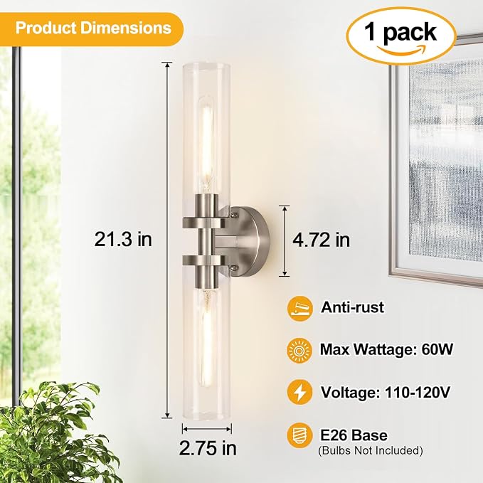 Indoi Brushed Nickel Wall Sconces, Hardwired Bathroom Sconces Vanity Light - Image 4
