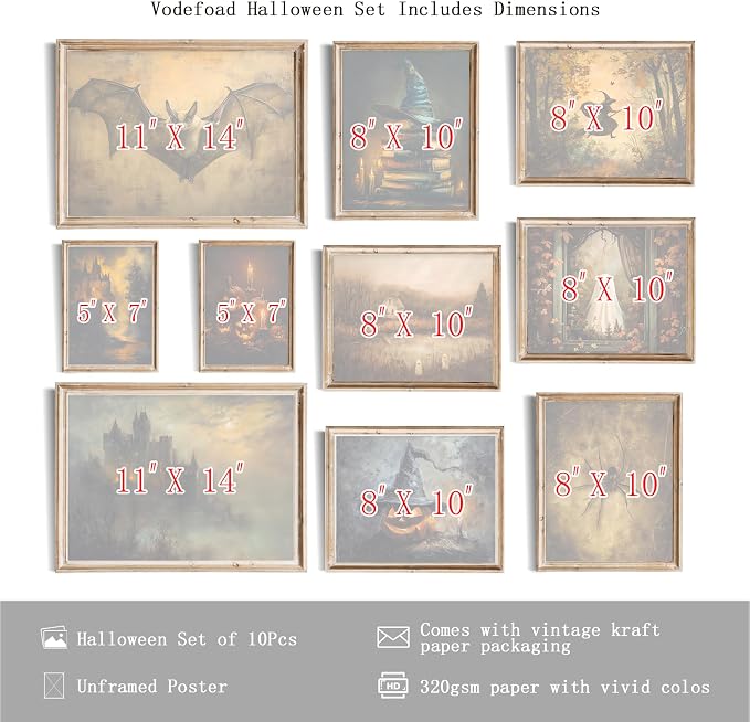 Vodefoad 10Pcs Vintage Halloween Canvas Wall Art Retro Pumpkin Poster Victorian - Image 2